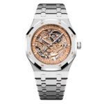Audemars Piguet Royal Oak Openworked 15407ST.OO.1220ST.02 with salmon skeleton dial in stainless steel AP Royal Oak Openworked 15407ST salmon dial Audemars Piguet Royal Oak skeleton salmon dial 41mm Royal Oak Openworked rose gold toned movement dial AP 15407ST salmon openwork stainless steel Audemars Piguet Royal Oak skeleton pink dia