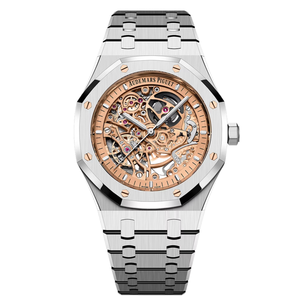 Audemars Piguet Royal Oak Openworked 15407ST.OO.1220ST.02 with salmon skeleton dial in stainless steel AP Royal Oak Openworked 15407ST salmon dial Audemars Piguet Royal Oak skeleton salmon dial 41mm Royal Oak Openworked rose gold toned movement dial AP 15407ST salmon openwork stainless steel Audemars Piguet Royal Oak skeleton pink dia