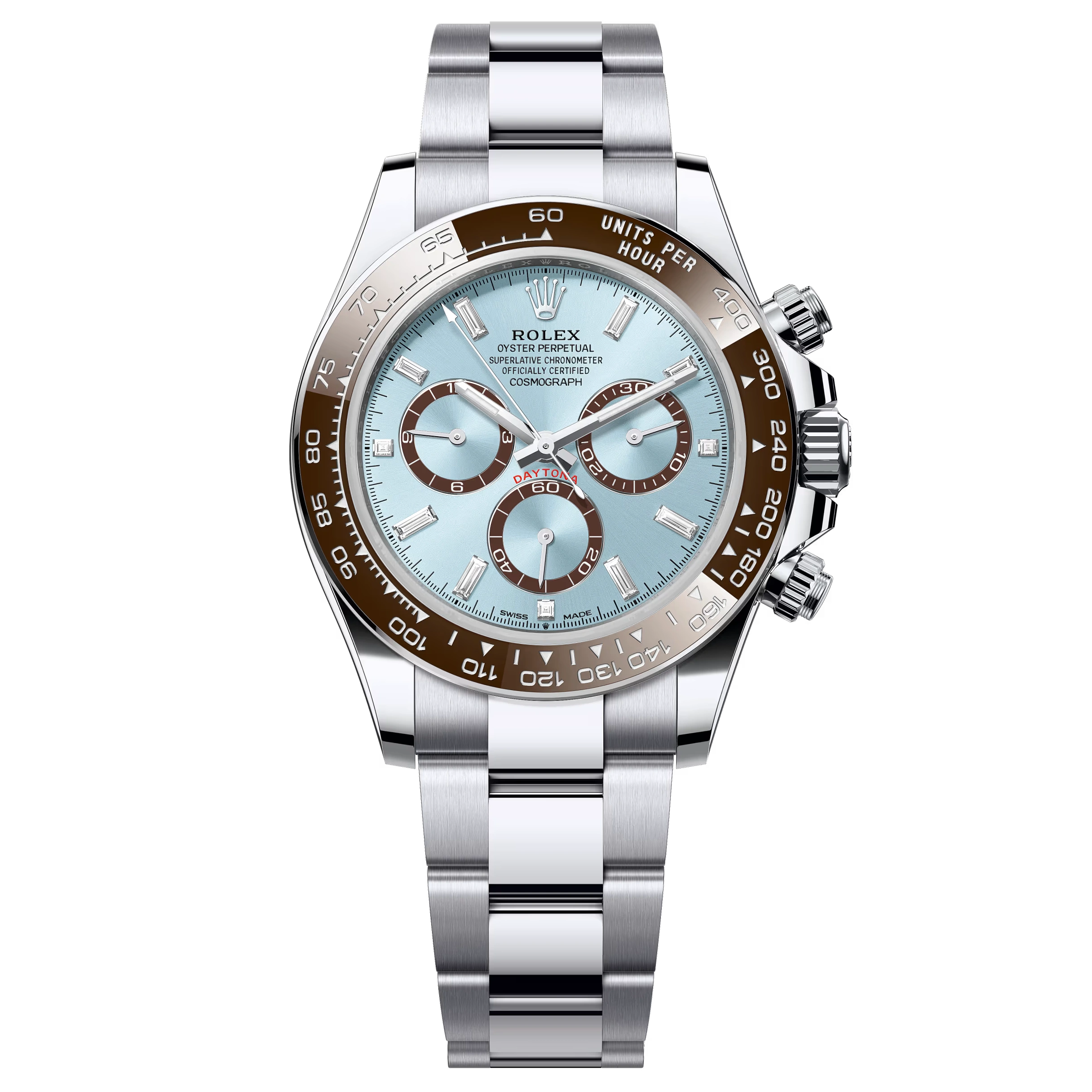 Rolex Cosmograph Daytona 126506 platinum with ice blue dial and brown Cerachrom bezel on Oyster bracelet