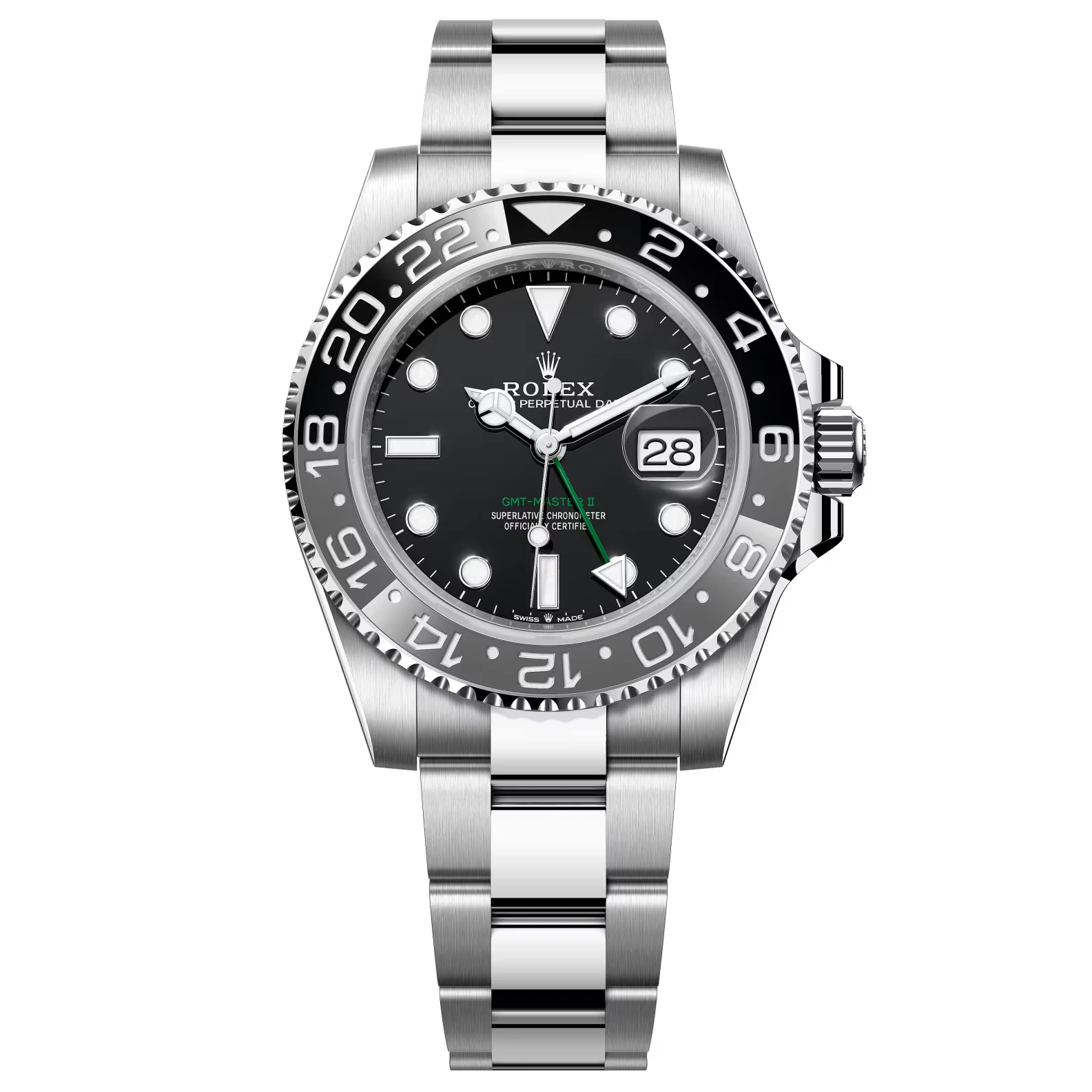 Rolex GMT-Master II 126710GRNR Oystersteel featuring black dial, black and grey ceramic 24-hour bezel, Oyster bracelet and date at 3 o’clock