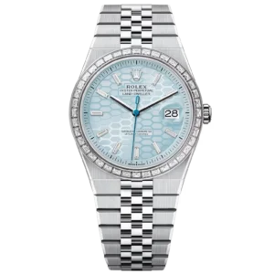 Platinum Rolex Land Dweller 40 with ice-blue honeycomb dial, diamond-set bezel, date window at 3 o’clock, and integrated platinum bracelet