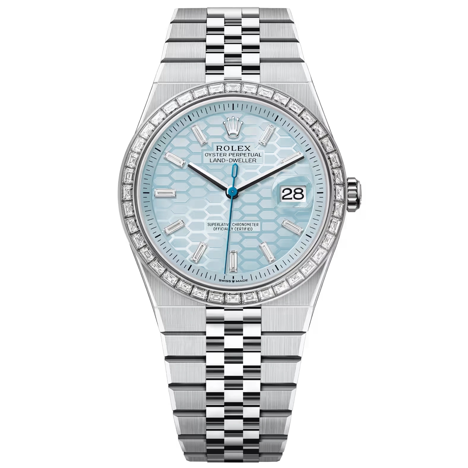Platinum Rolex Land Dweller 40 with ice-blue honeycomb dial, diamond-set bezel, date window at 3 o’clock, and integrated platinum bracelet