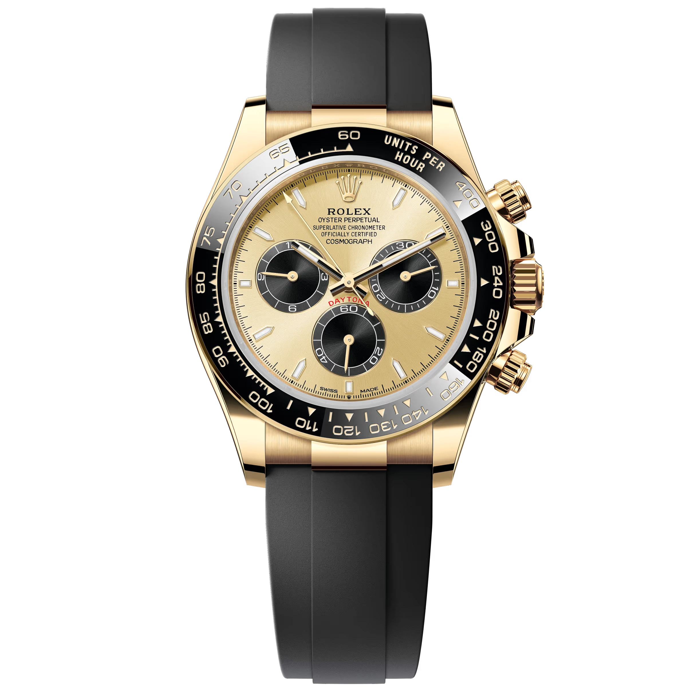 Rolex Cosmograph Daytona 126518LN in yellow gold with champagne dial and black Oysterflex bracelet