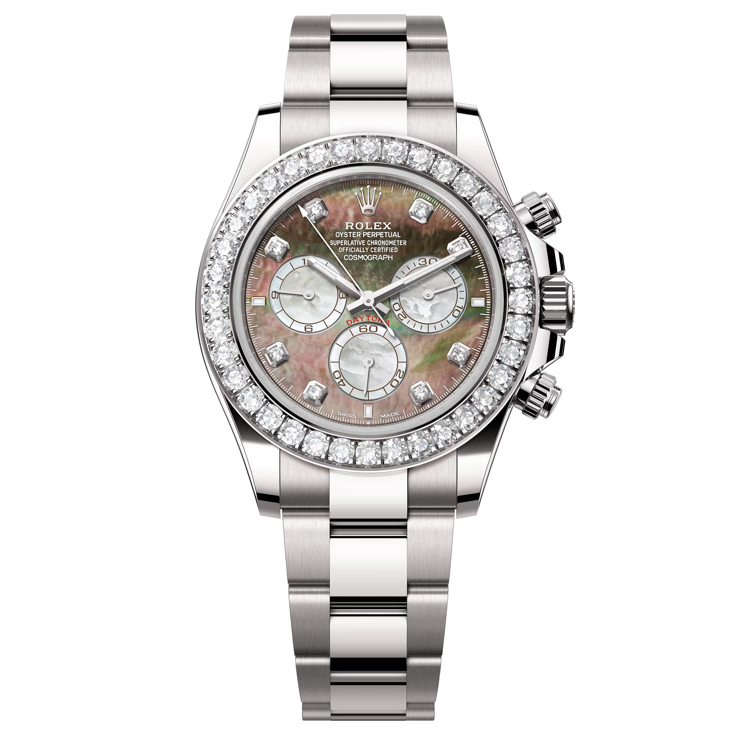 Rolex Cosmograph Daytona 126579RBR in 18ct white gold with mother of pearl dial, diamond hour markers and factory diamond bezel on Oyster bracelet
