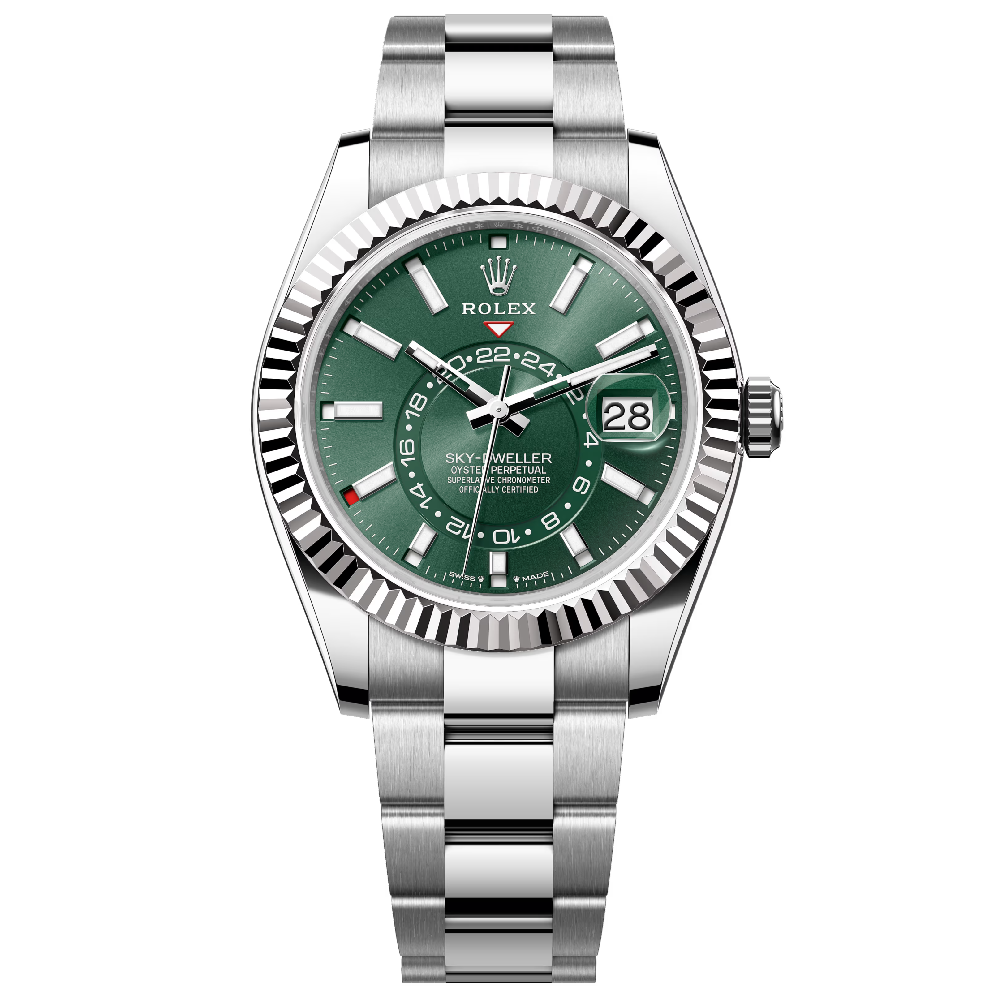Rolex Sky-Dweller 336934 with green dial, fluted white gold bezel and Oyster bracelet in White Rolesor