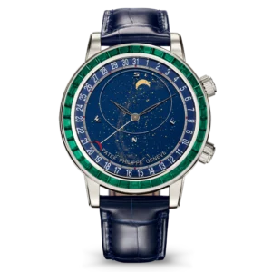 Patek Philippe Celestial 6104/13P-010 platinum with blue sky chart dial and emerald baguette bezel