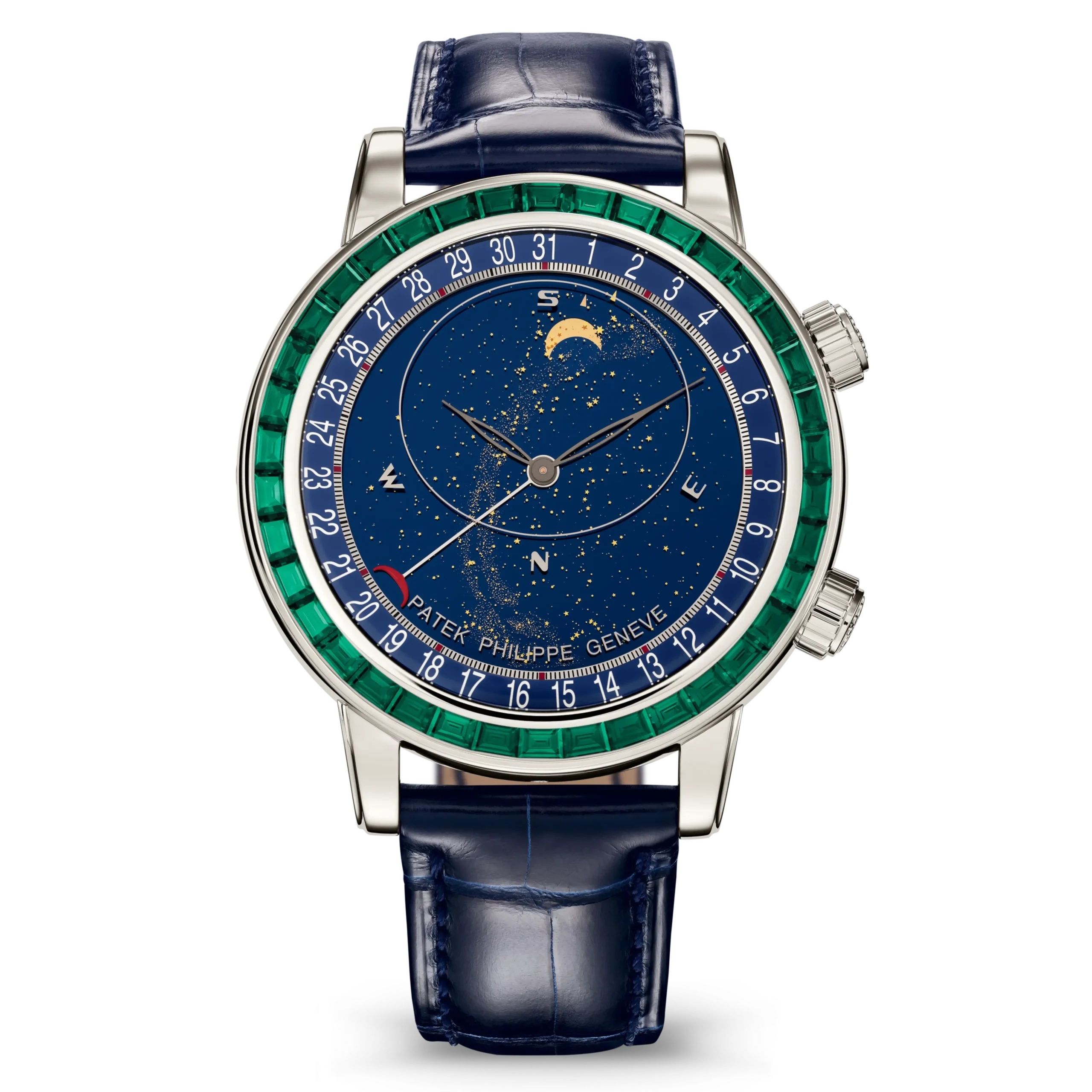Patek Philippe Celestial 6104/13P-010 platinum with blue sky chart dial and emerald baguette bezel