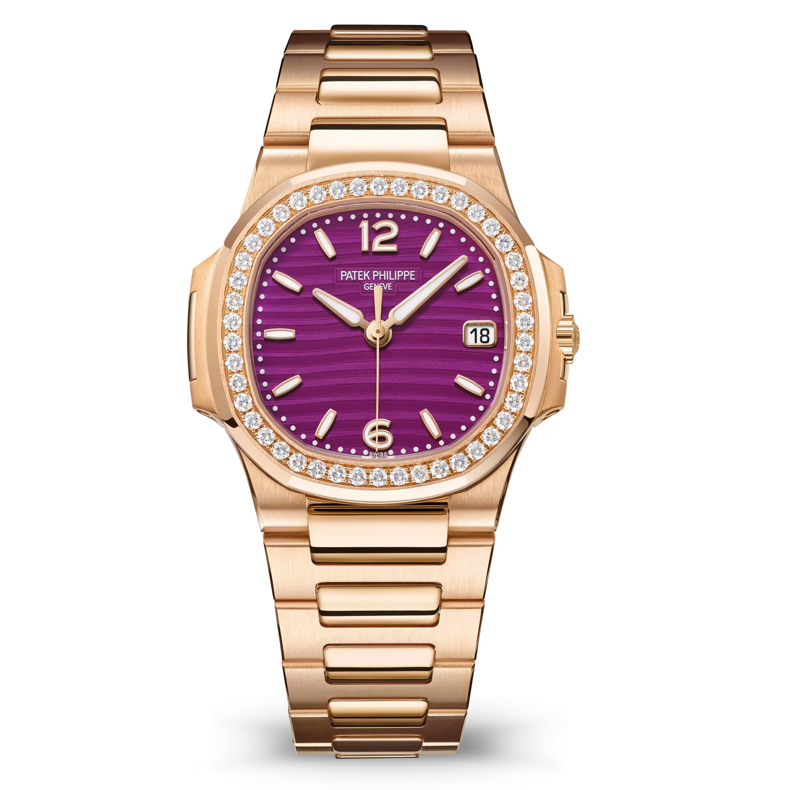 Patek Philippe Nautilus 7010-1R-013 in rose gold with purple dial and diamond bezel
