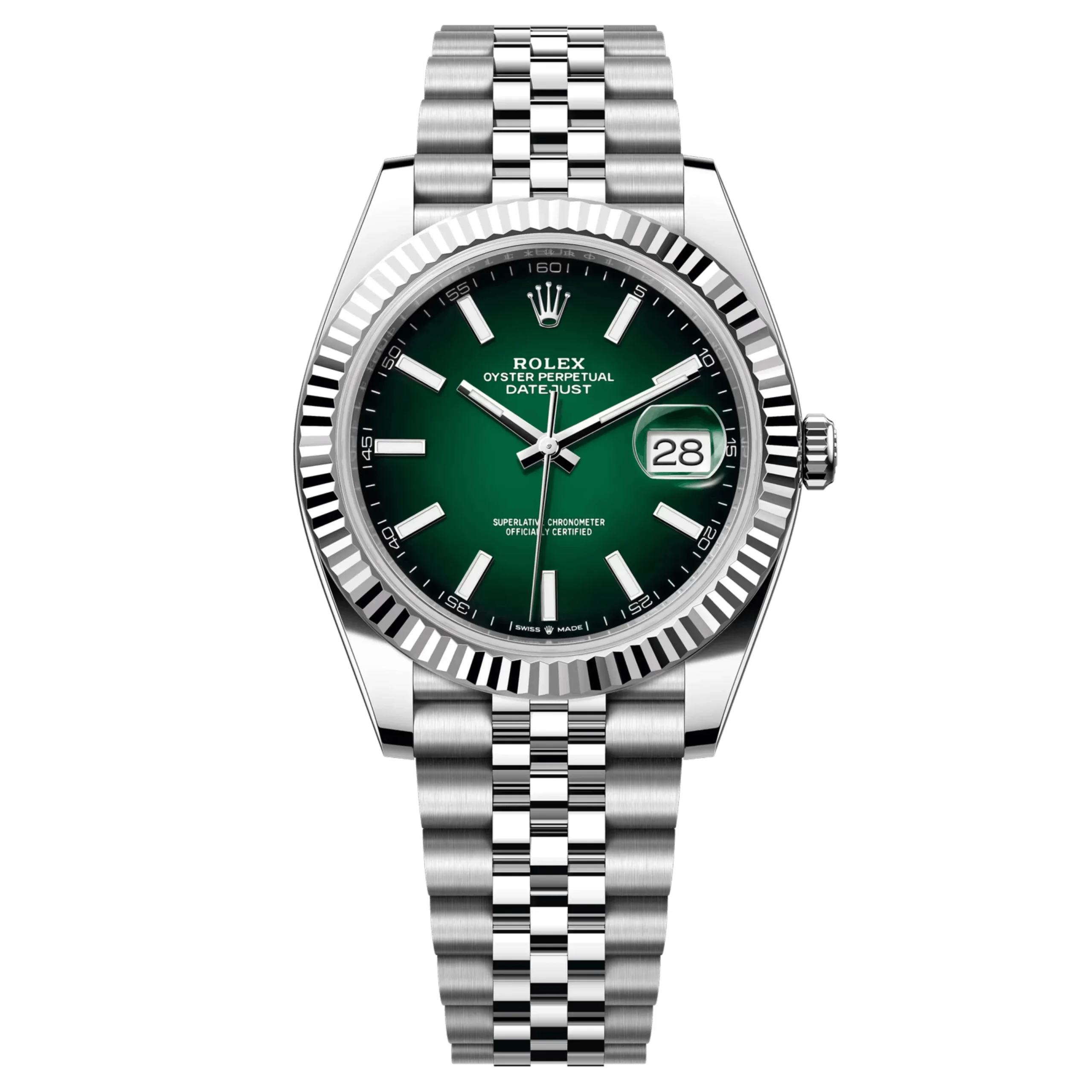 Rolex Datejust 41 126334 with green ombré dial, fluted bezel and Jubilee bracelet