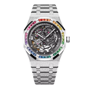 Audemars Piguet Royal Oak Frosted Gold Double Balance Wheel Openworked 15412BC with rainbow sapphire bezel