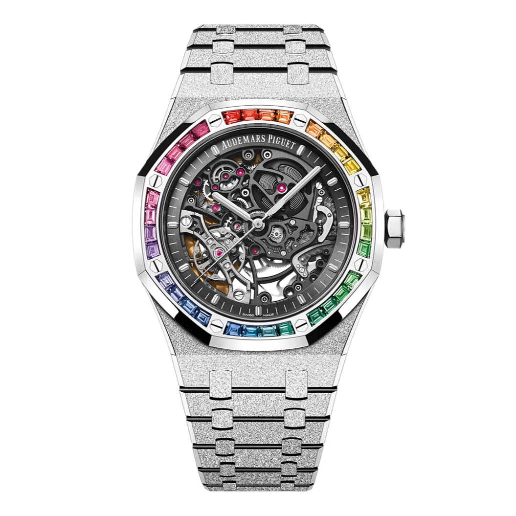 Audemars Piguet Royal Oak Frosted Gold Double Balance Wheel Openworked 15412BC with rainbow sapphire bezel