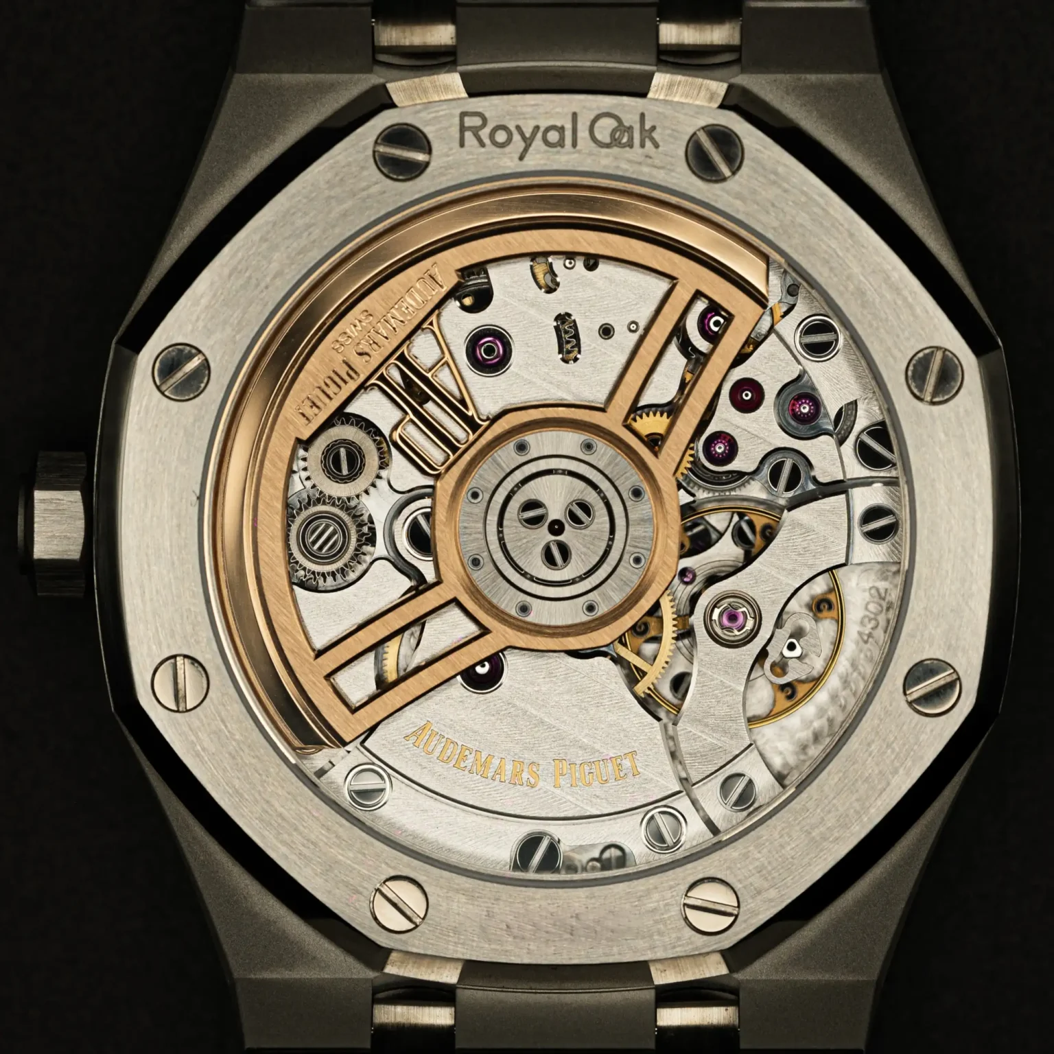 Audemars Piguet Royal Oak movement viewed through the exhibition caseback