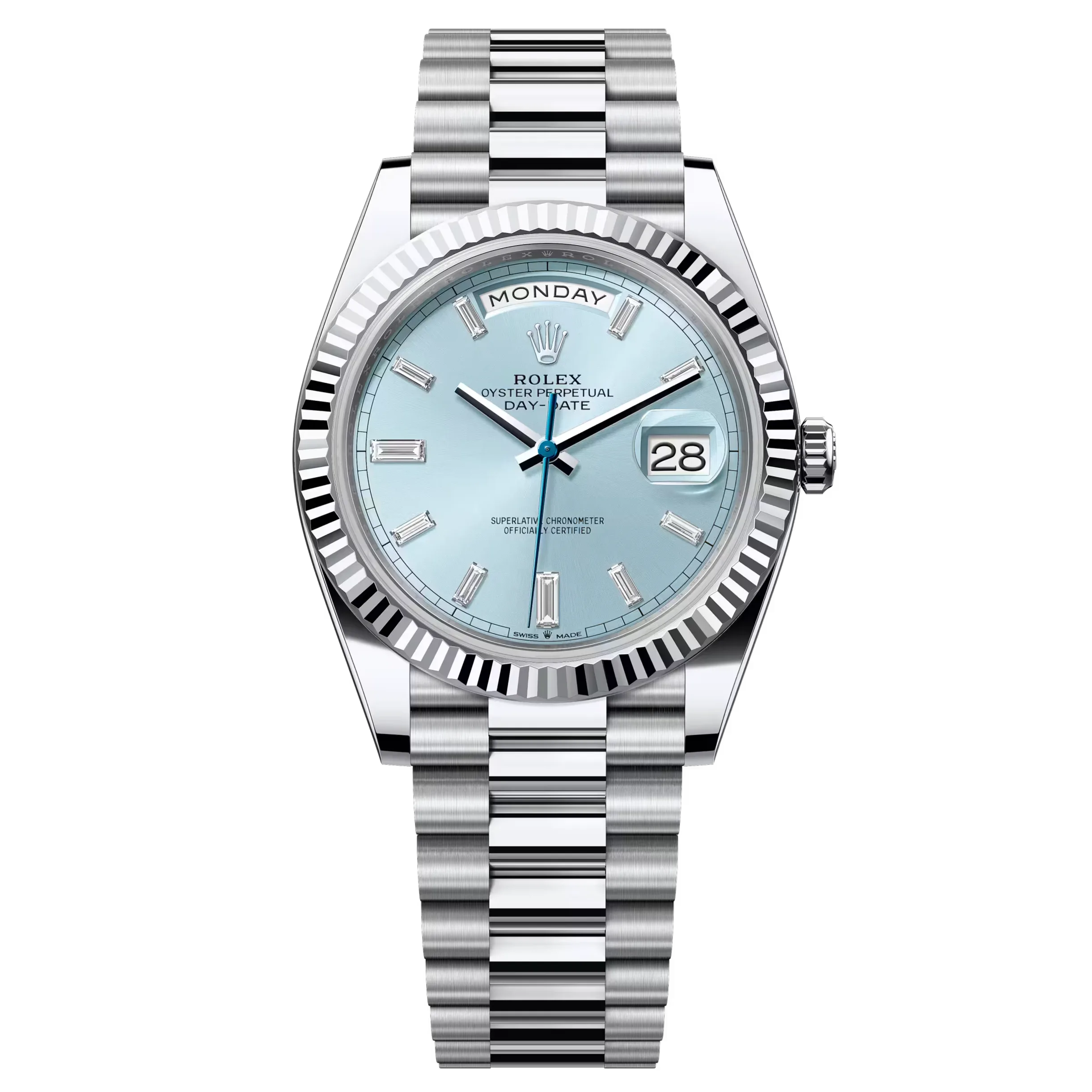 Rolex Day-Date 40 228236 platinum with ice blue baguette diamond dial and President bracelet