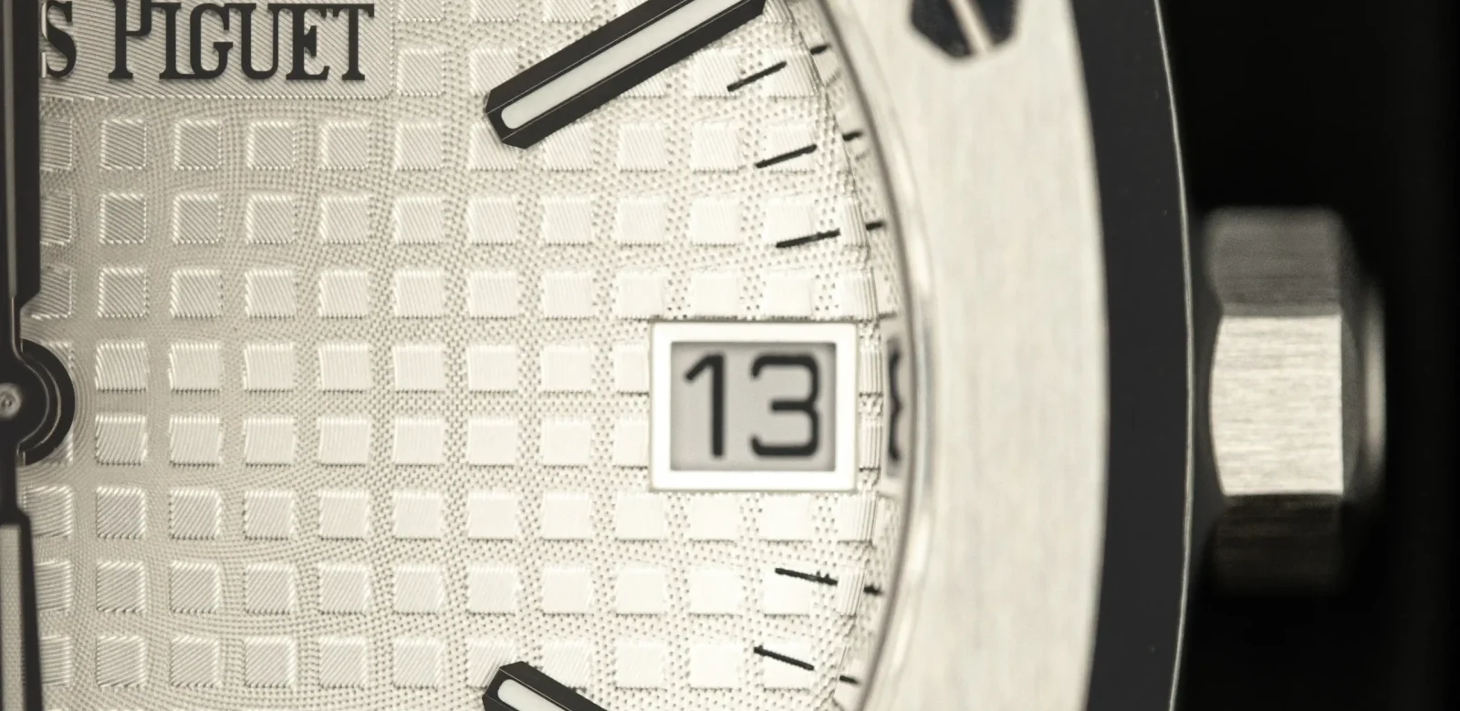 Close-up of Audemars Piguet Royal Oak Tapisserie dial and date display